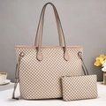 Classic beige tote bag set with black lattice pattern and matching small zipper pouch - Khaki