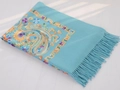 Teal blue wool shawl featuring traditional paisley embroidery and elegant fringe edges - Sky Blue