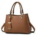Brown lychee leather tote bag with gold hardware and detachable strap on white background - Brown
