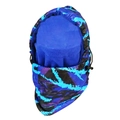 Detail of waterproof camouflage hood with warm blue fleece lining and adjustable drawstring - Royal Blue Camouflage