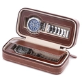 Estuche para 2 relojes en cuero PU marrón con cremallera y forro interior beige suave - 2 Ranuras / café
