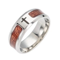 Titanium stalen ring met houten inleg en zwarte kruisgravure in zilverkleur - US 6 / Kruis