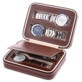 Estuche de viaje para 8 relojes en cuero marrón con forro beige y cremallera - 4 Ranuras / café
