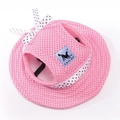 Pink breathable mesh pet sun hat with polka dot ribbon and adjustable elastic strap - Pink