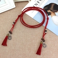 Cintura a corda intrecciata rossa boho con nappe e perline vintage per abiti estivi - Rosso