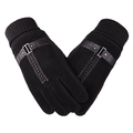 Men's winter pigskin leather gloves in black with knit cuffs and strap detail - Touchscreen High Quality Pigskin T-Shape Black
