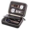 Estuche para 8 relojes en cuero PU negro con cremallera y forro interior de color beige - 4 Ranuras / Negro