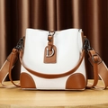 Litchi texture bucket bag in white and brown leather with metal D pendant and wide strap - White