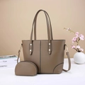 Women's minimalist brown lychee leather tote bag with a matching small pouch set - Coffee