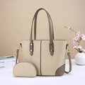 Beige litchi grain tote bag and coin purse set with dark brown handles and shoulder strap - Khaki