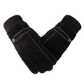 Men's winter pigskin motorcycle gloves in black with fleece lining and ribbed cuffs - Touchscreen Pigskin Strap White Line Black