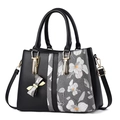 Sac à main élégant grande capacité avec design contrasté noir et motif floral gris - Noir