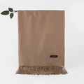 Classic camel cashmere shawl scarf with elegant fringe trim and woven material label - Light Camel