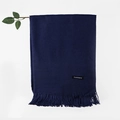 Navy blue cashmere scarf with elegant tassels and a classic brand woven label - Navy Blue