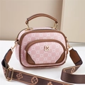 Pink clover-patterned leather crossbody bag for women with brown trim and wide strap - Pink