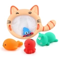 Baby badspeelgoed set met oranje kattennet en vier kleurrijke drijvende diertjes - Kat Net en 4 Dieren