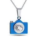 Collana con ciondolo a fotocamera in acciaio inossidabile con smalto blu e cristallo - Blu
