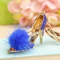 Golden high heel keychain with blue rhinestones and a soft blue fluffy pompom charm - Blue Pom High Heel