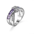 S925 sterling silver crossover ring with purple square zircon and white diamonds - US 7 / Fuschia