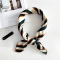 Linen texture striped scarf with green, brown and white patterns tied in a loose knot - Striped Yellow Green
