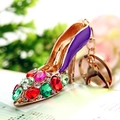 Golden high heel keychain with purple enamel and colorful rhinestones on a book - Purple Crystal Shoe