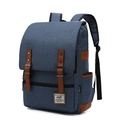 Zaino in tela blu con cinturini in pelle marrone e tasca anteriore esterna - 16" / Blu con cerniera nera