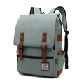 Greyish green canvas backpack with brown leather straps and metal buckles detail - 16" / Light Green with Black Zipper