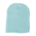 Close-up of light blue ribbed knit beanie showing soft wool texture and warm winter weave - Blue
