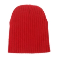 Macro detail of the red ribbed knit texture and thick stitching on this winter beanie - Red
