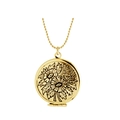 Golden round floating locket necklace with floral engraving on a beaded chain - Round Embossed / 18K Gold