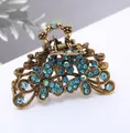 Vintage bronze alloy flower hair claw clip with blue rhinestones and 6cm hollow design - Sky Blue