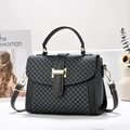 Black and gray cross-pattern handbag with top handle and gold-tone buckle closure - Black/Quilted Rhombus