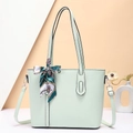 Mint green leather tote bag with decorative silk scarf and adjustable strap for women - Green