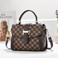 Brown vintage checkered leather handbag with mandala print and adjustable strap - Coffee/Checkerboard