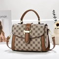 Chic brown and beige checkered tote bag with gold buckle and adjustable shoulder strap - Khaki/Checkerboard