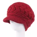 Berretto in maglia di pelliccia di coniglio rosso scuro a doppio strato con visiera - Taglia unica / Stile Doppia Freccia / Bordeaux