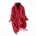 Solid red wool-like scarf shawl with fringe tassels over a black turtleneck top - Wine Red