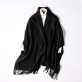 Thick black knitted wool shawl with fringe tassels for women, minimalist solid color style - Black