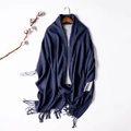 Dark blue knitted tassel shawl scarf for women in soft wool fabric and fringe details - Navy Blue
