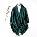 Thick dark green wool shawl with fringes paired with a white turtleneck sweater - Dark Green