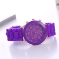Detailed view of purple Geneva silicone watch with golden metal case and three-dial design - Purple