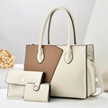 Three-piece women bag set with cream large tote and brown patchwork luxury design - White & Khaki Patchwork