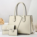 3-piece cream lychee leather tote bag set with adjustable shoulder strap for women - Off White