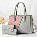 Three-piece women's grey leather tote set with pink geometric patchwork and wallets - Grey/Pink Patchwork