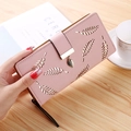 Pink PU leather long wallet with leaf cutout design and elegant metal pendant charm - Pink