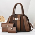 3-piece women handbag set with brown leather tote, wallet and pouch featuring bow detail - Handbag, Clutch And Card Bag Set / Coffee