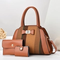 Set di 3 borse in pelle PU marrone con trama a righe e fiocco con fibbia in metallo dorato - Borsa a mano, pochette e porta carte Set / Giallo Terra