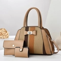 Set dettagliato di borsa shopping grande, borsa a busta e portacarte beige e giallo - Borsa a mano, pochette e porta carte Set / Cachi