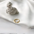 Adjustable gold ring with black zircon and pearl on elegant white silk fabric - Double Hole Style Ring (K287)