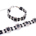 Bohemian zilveren armband set met zwarte hars edelstenen en bloemengravures - Zwart